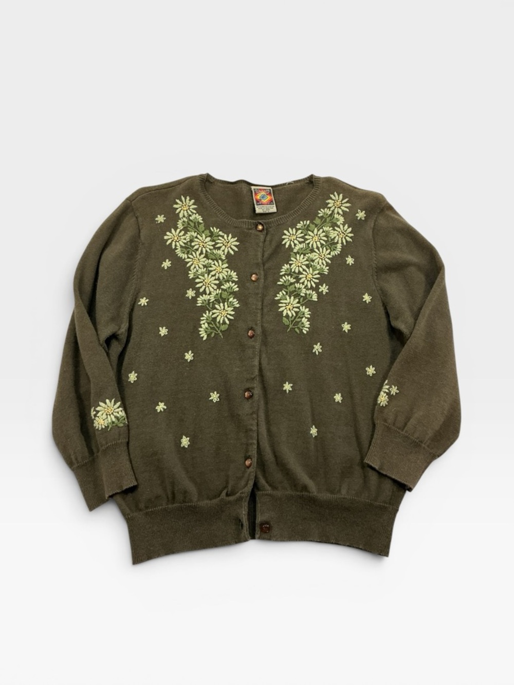 Vintage Inspired Embroidered Olive Green Cardigan Sweater 3/4 Sleeve Sz. Large
